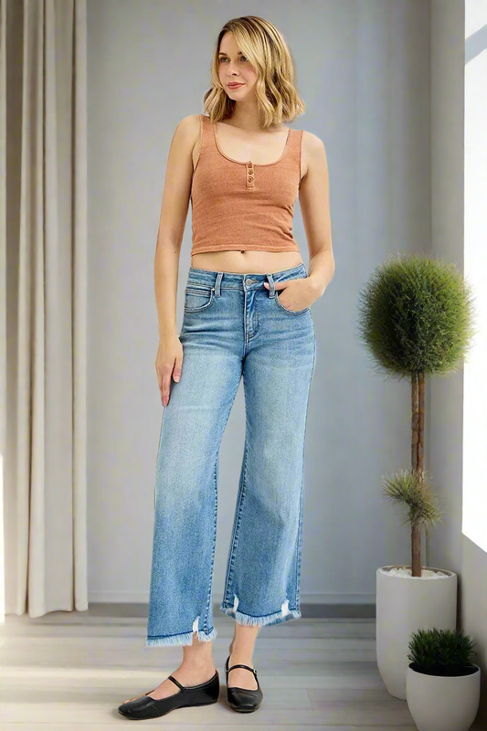 RISEN Mid-Rise Wide Leg Pants Frayed Torn Cropped Hem Boyfriend Denim Jeans Plus Size Available