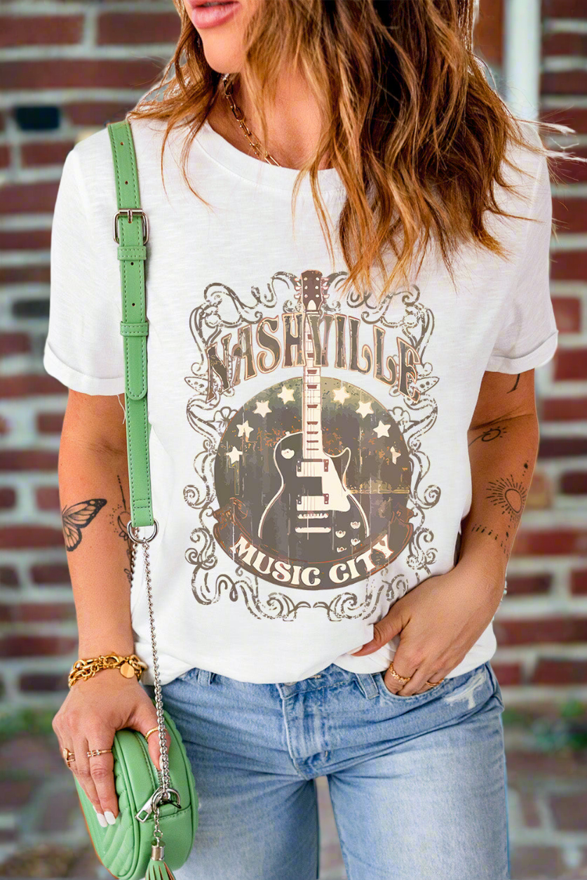 Nashville Music City Rustic Graphic Shirt Retro Guitar Americana Short Sleeve Top