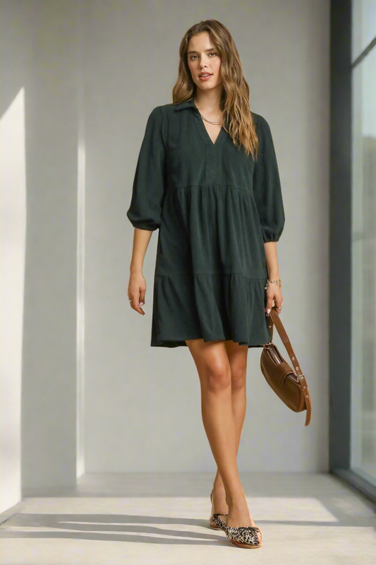 Umgee Corduroy Tiered Babydoll Mini Dress Balloon Long Sleeve Johnny Collar Green