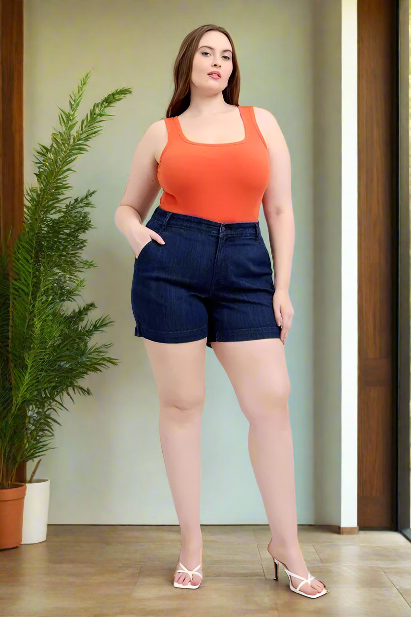 Judy Blue High-Rise Relaxed Boyfriend Fit Dark Jean Mid-length Classic Denim Shorts Plus Size