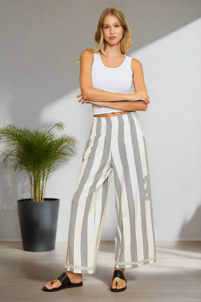 Umgee Peace Patch Elastic Waist Pants Wide Leg Stripe Boho Oversized Relaxed Fit Gray