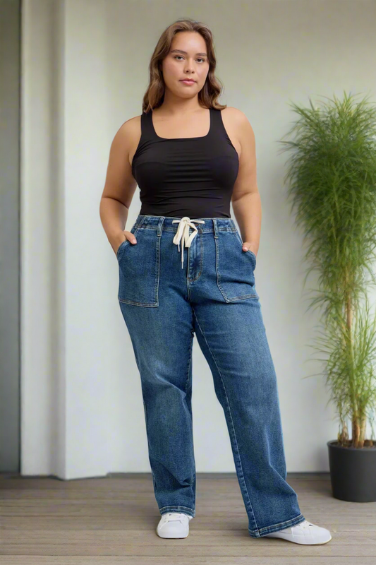 Judy Blue Elastic Drawstring Waist High-Rise Mom Jeans Wide Leg Denim Pants