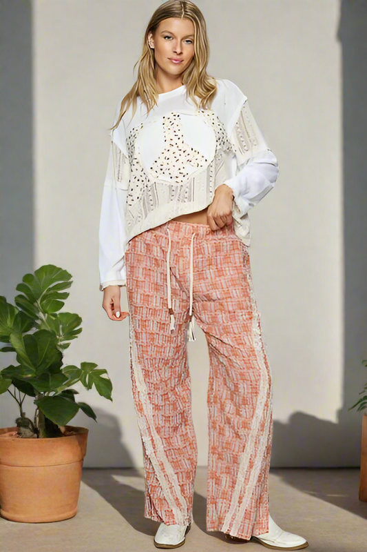 POL Lace Checker Plaid Patchwork Raw Frayed Seams Drawstring Wide Leg Pants