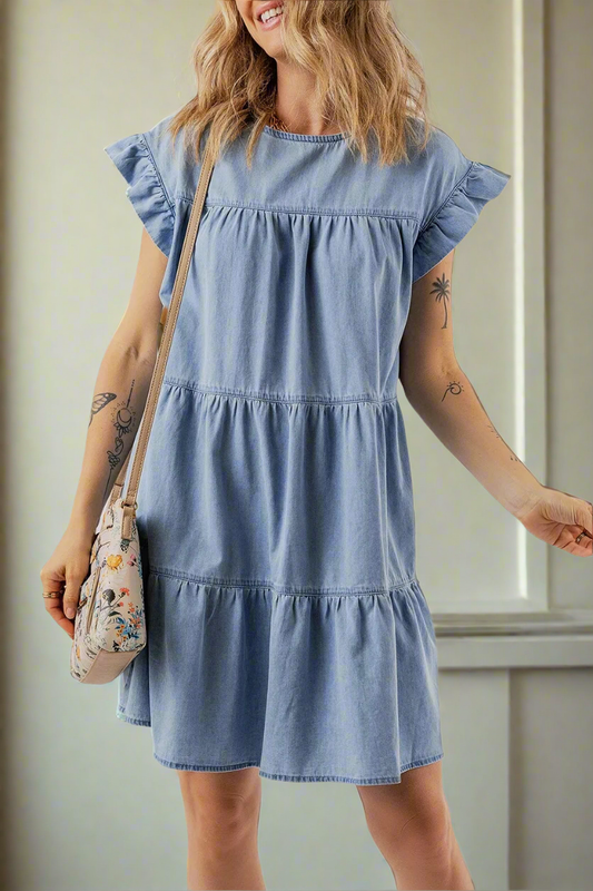 Babydoll Mini Dress Ruffle Cap Denim A-line Short Sleeve Blue Jean Tiered