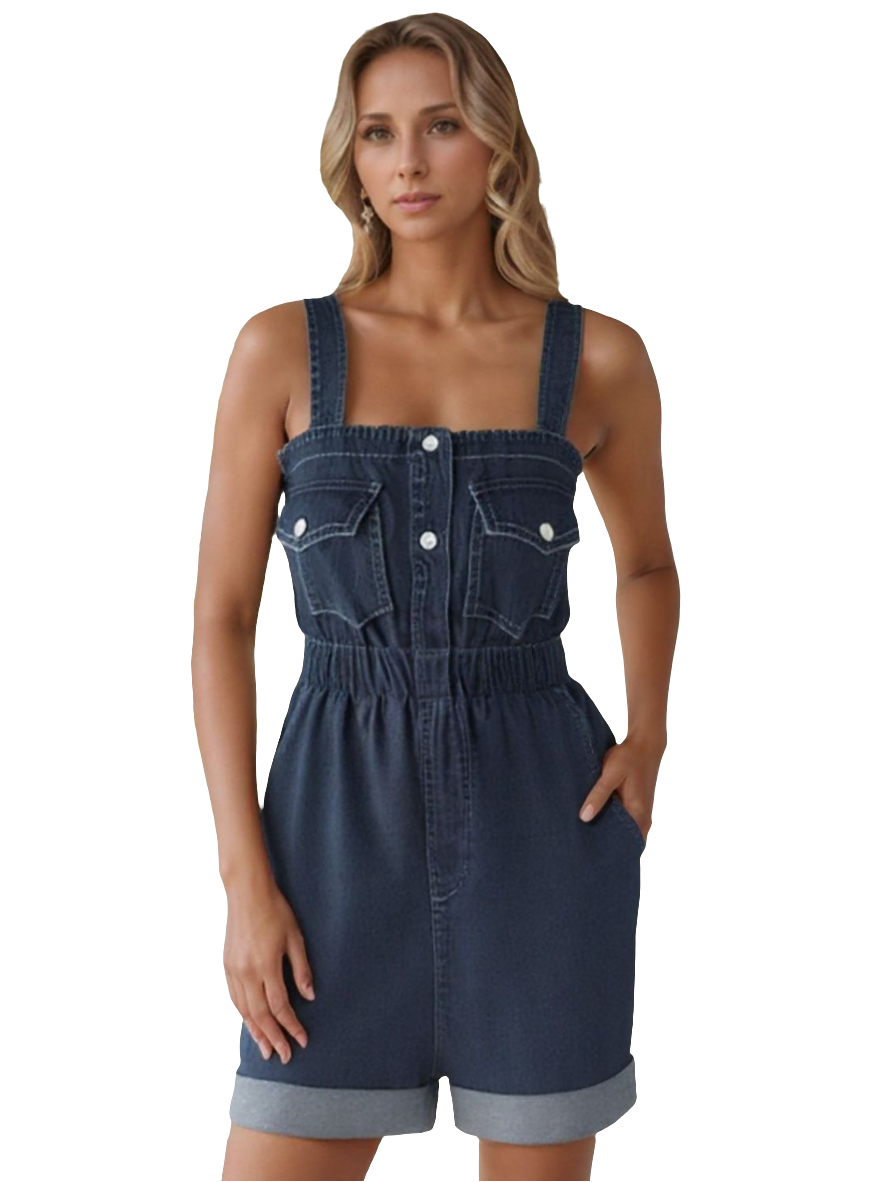 Retro Chest Pocket Overall Jean One-piece Sleeveless Cuffed Shorts Denim Romper