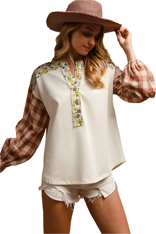 BiBi Blouse Plaid Patchwork Retro 70s Floral Top Long Sleeve Notched Neck Shirt