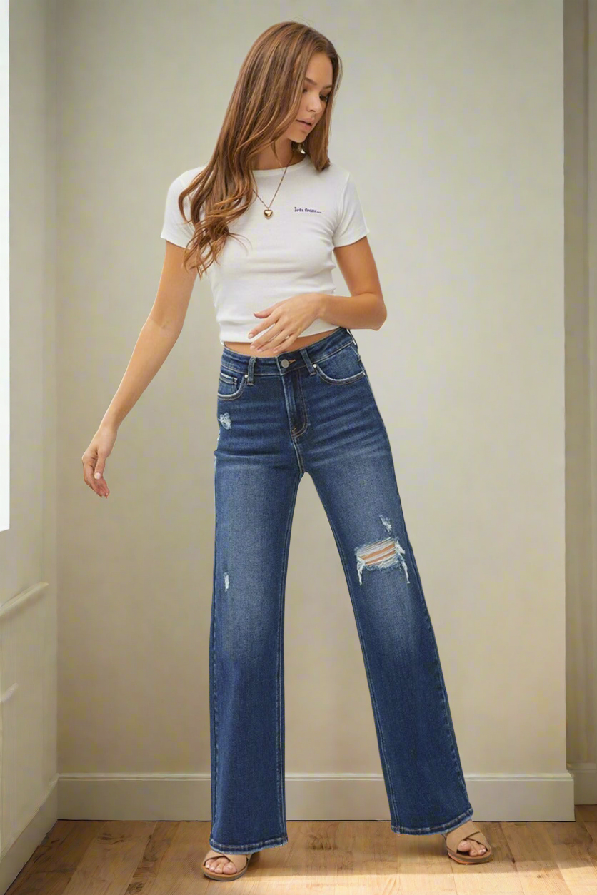 RISEN High-Rise Wide Leg Pants Distressed Torn Hole Boyfriend Relaxed Denim Jeans