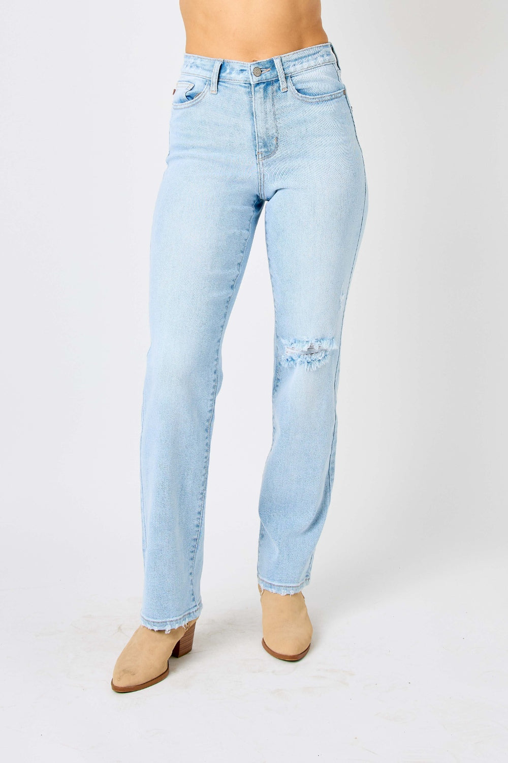 Judy Blue High-Rise Waist Distressed Torn Denim Ripped Straight Leg Jean Pants