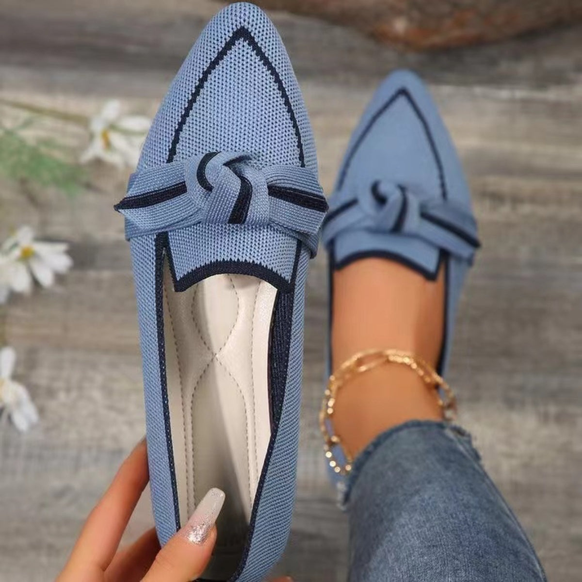 Pointed Bow Top Knit Contrasting Stripe Ballet Flat Casual Loafer Slip-on Shoes