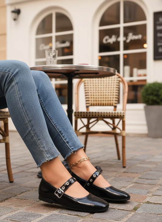 Mary Jane Loafers Glossy Vegan Patent Leather Round Toe Ballet Flats Buckle Shoes