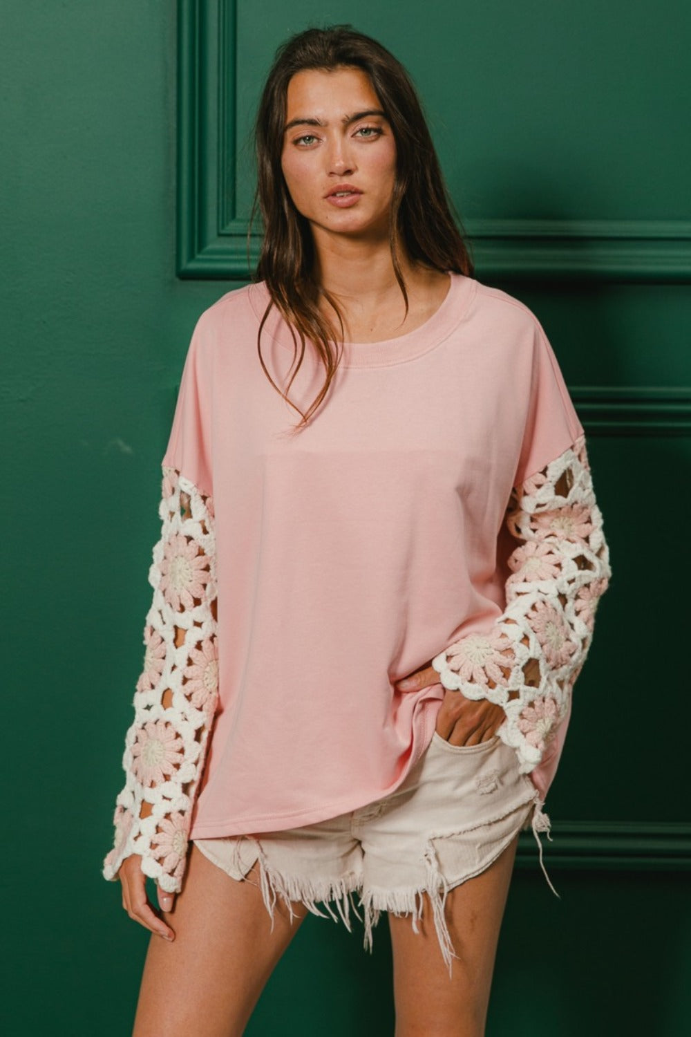 BiBi Crochet Bohemian Long Sleeve French Terry Shirt Oversized Retro Top