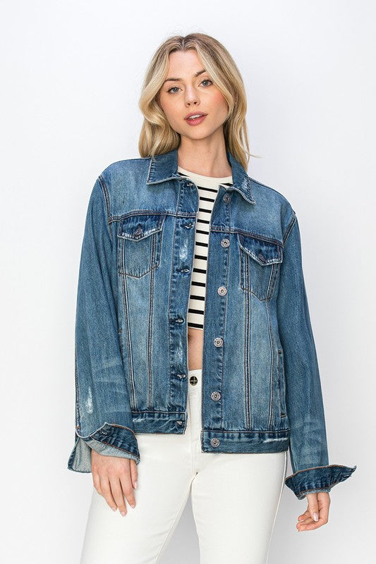 RISEN Distressed Cotton Denim Jacket Blue Jean Long Sleeve Button-up Collar Casual
