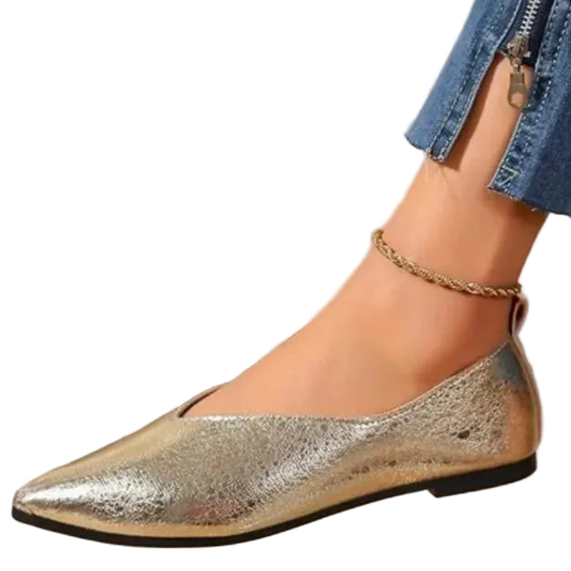 Crackle Metallic Pointed Toe Ballet Flats Slip-On Shiny Faux Leather V-cut Top Shoes