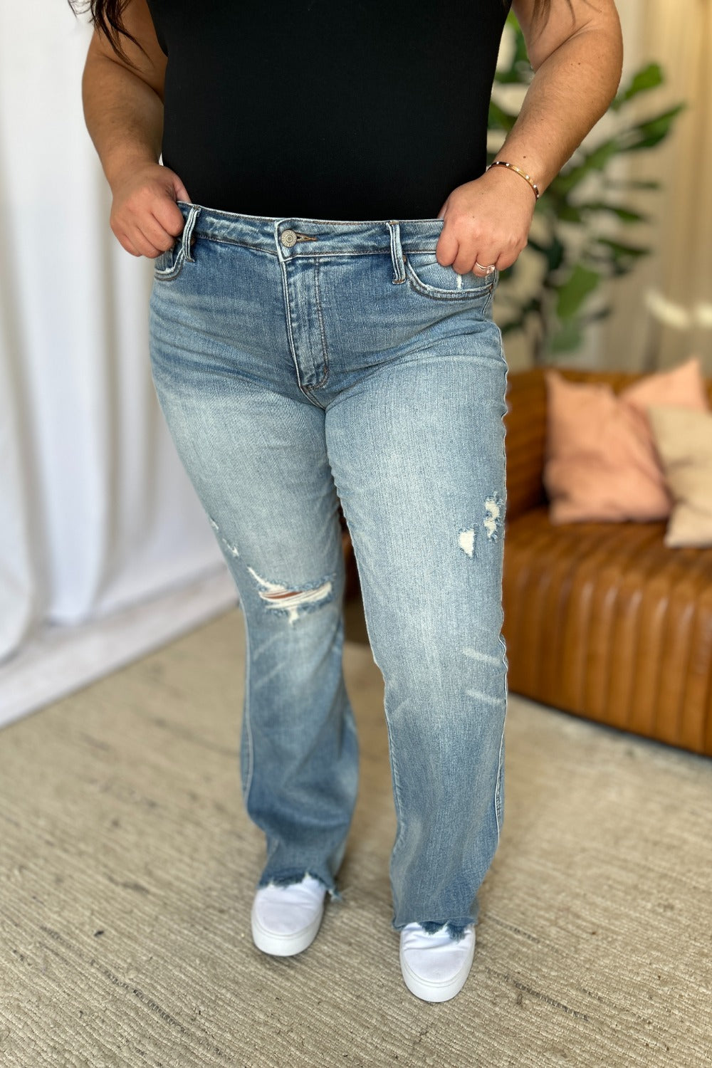 Judy Blue Mid-Rise Tummy Control Jeans Flare Hem Retro Distressed Denim Pants