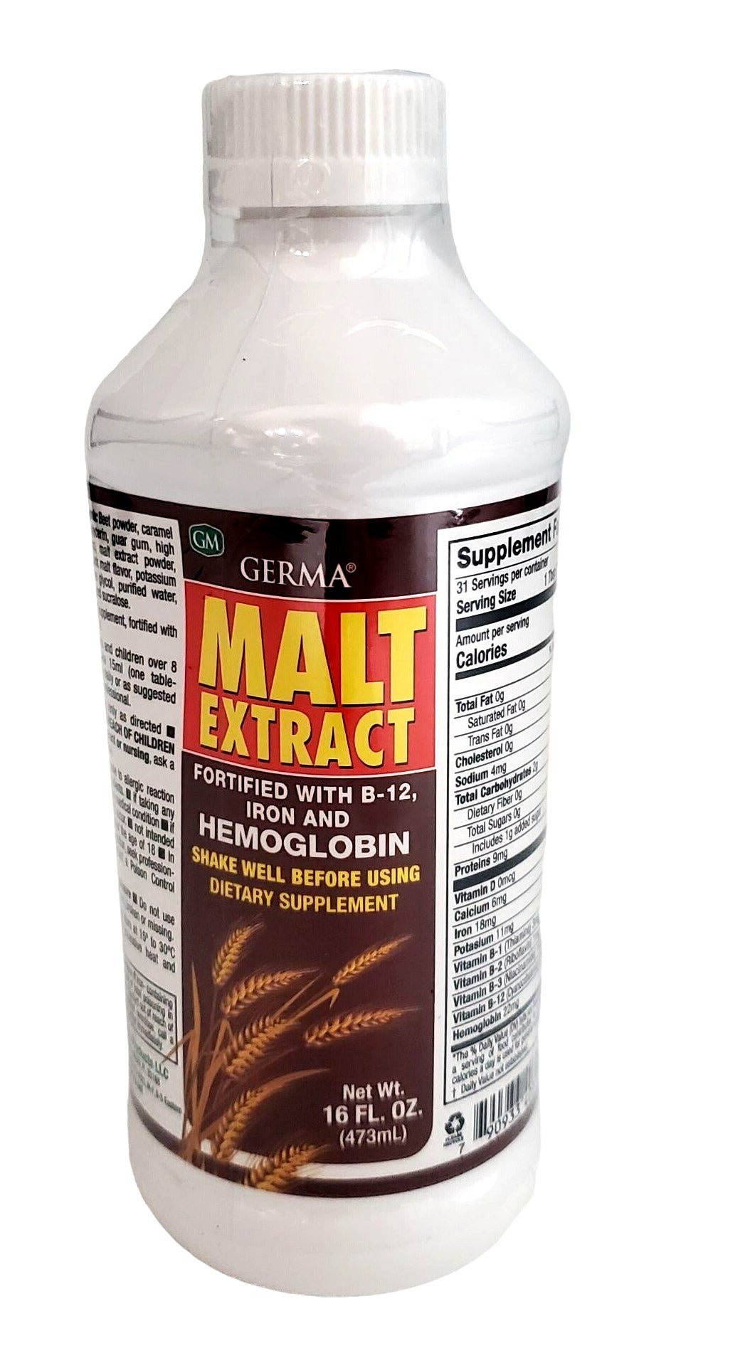 Germa Liquid Malt Extract Fortified B-12 Iron Hemoglobin 16oz bottle