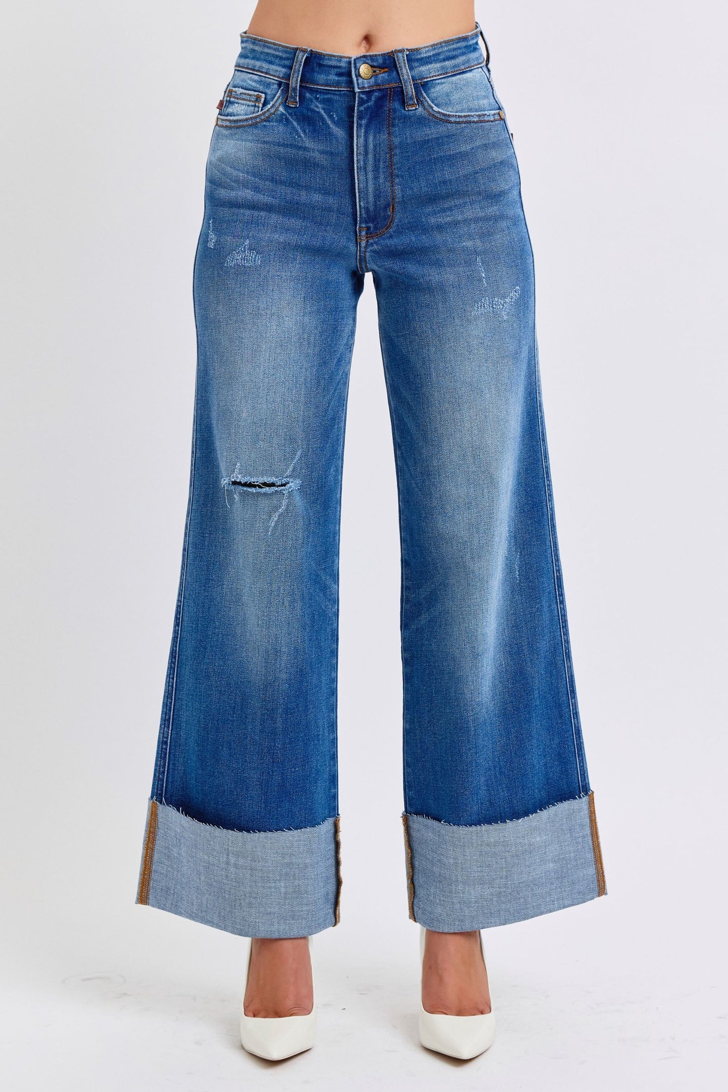 Judy Blue High-Rise Boyfriend Jeans Ultra Wide Leg Cuff Raw Hem Denim Pants