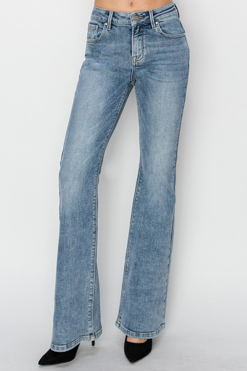 RISEN Classic Mid-Rise Jeans Slim Traditional Bootcut Wide Hem Denim Pants