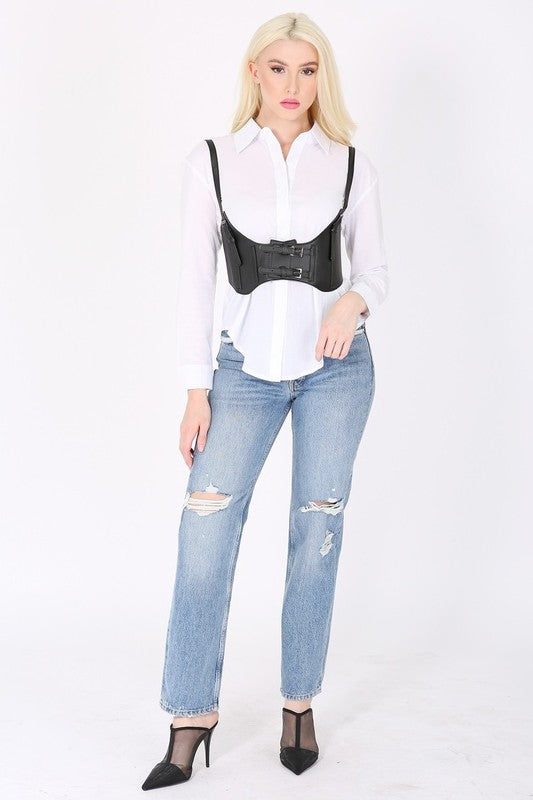 Faux Leather Corset Underbust Waist Belt Harness Shoulder Straps