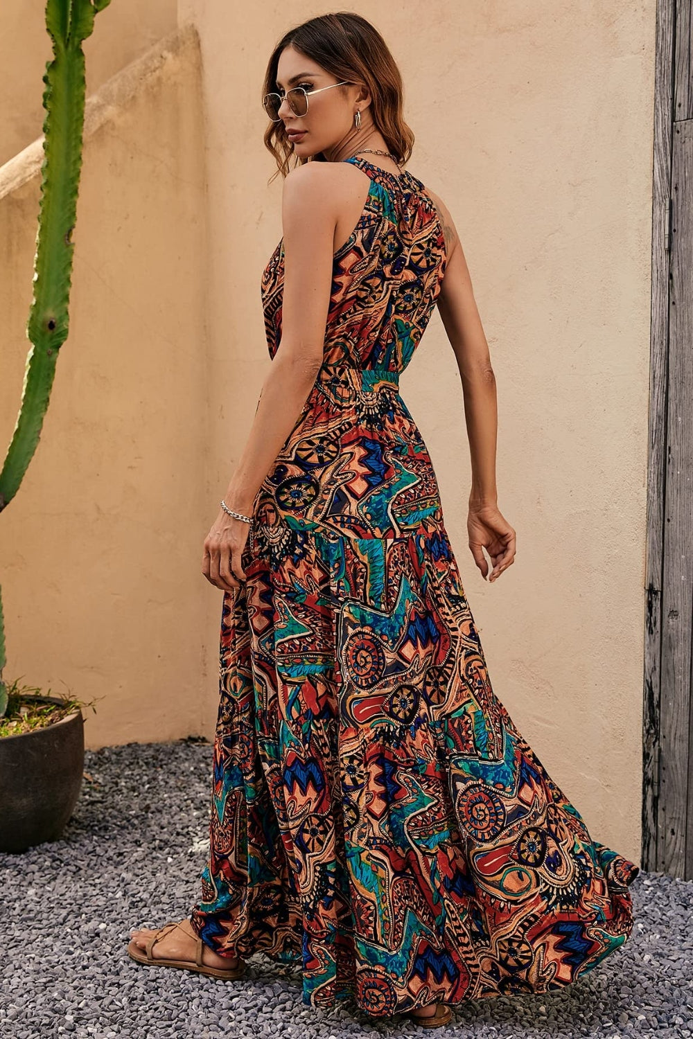 Grecian High-Neck Tie Belt Sleeveless Bold Colorful Tiered Maxi Summer Dress