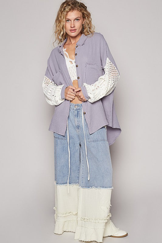 POL Crochet Patchwork Oversized Button-Up Blouse Long Sleeve High-low Gauze Shirt