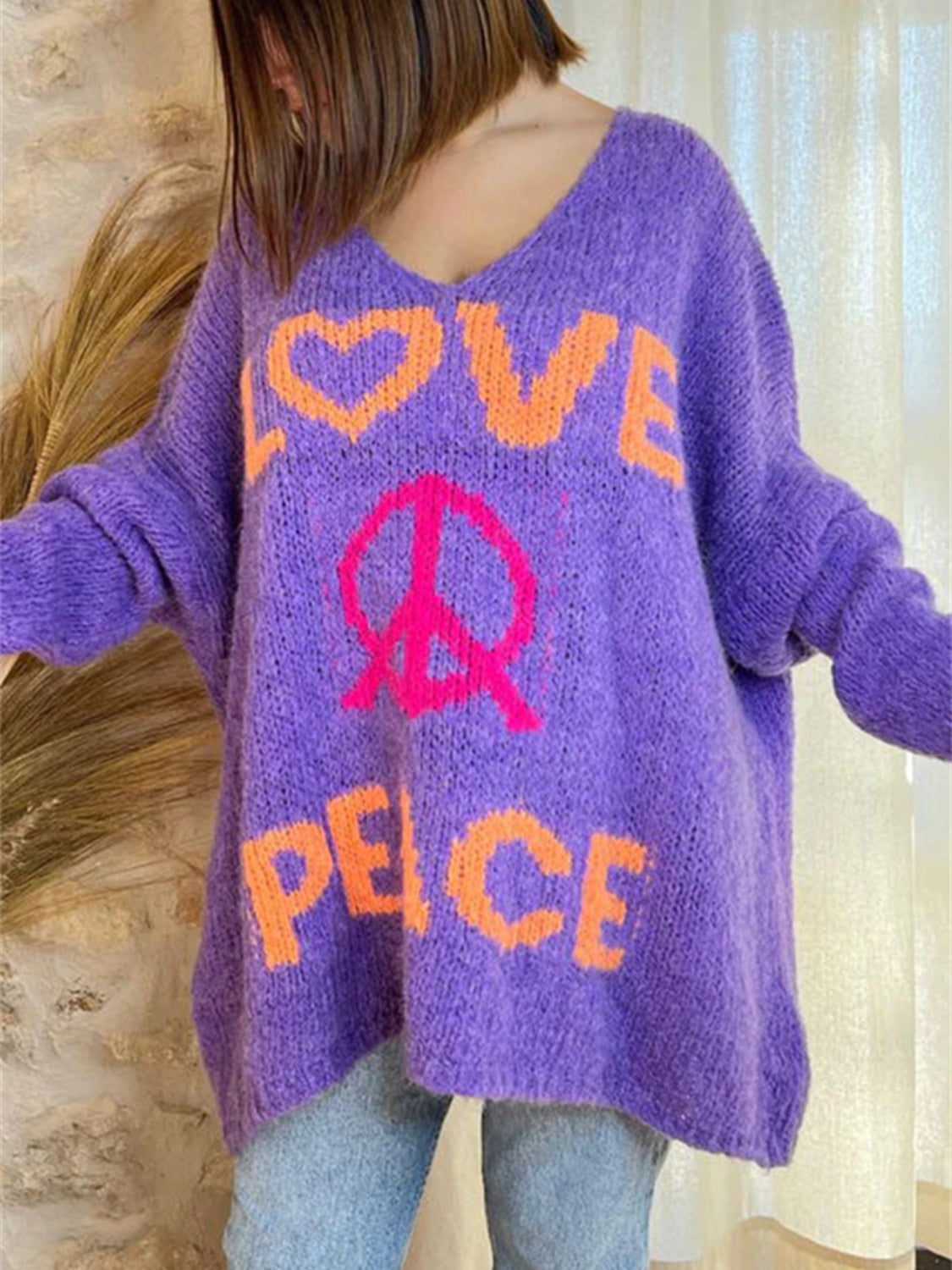 LOVE PEACE Oversized Colorful Knit Top Long-Sleeve Pullover Baggy Sweater Shirt