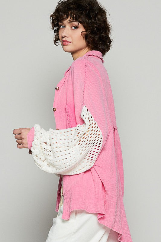 POL Crochet Patchwork Oversized Button-Up Blouse Long Sleeve High-low Gauze Shirt