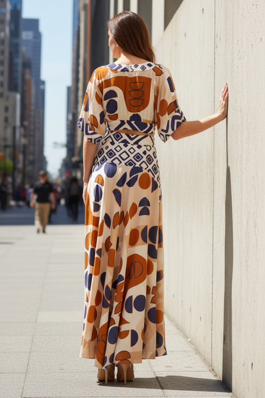 Cutout Abstract Geometric Deep V-Neck 70s Revival Wide Short Sleeve Maxi Dress