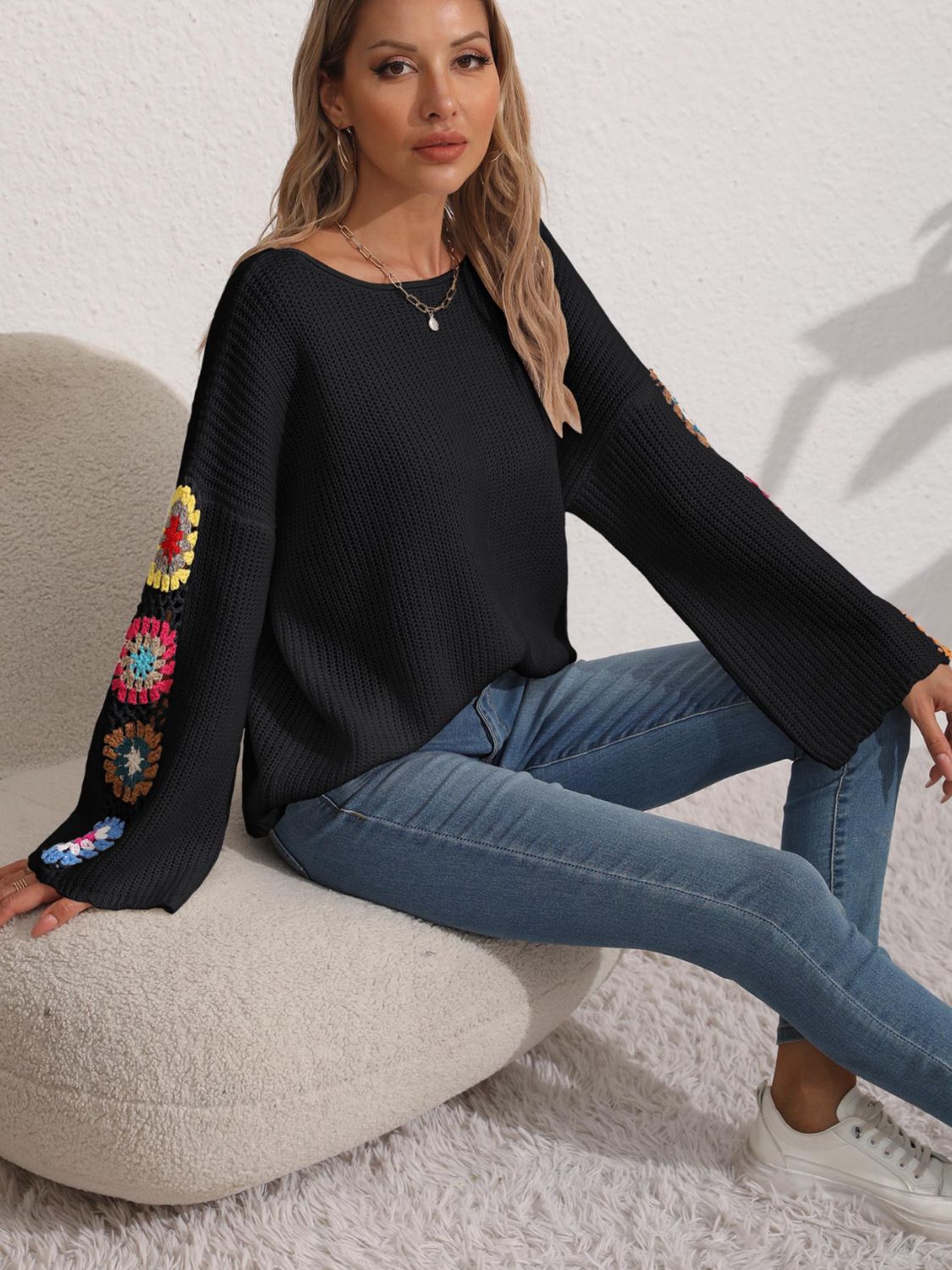 Colorful Crochet Flower Bohemian Long Sleeve Waffle Knit Shirt Oversized Retro Top