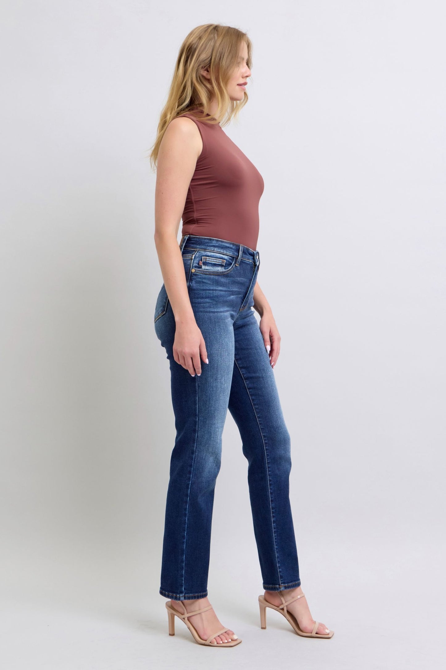 Judy Blue Thermal High-Rise Straight Leg Slim Fit Embroidered Jeans Washed Denim Pants