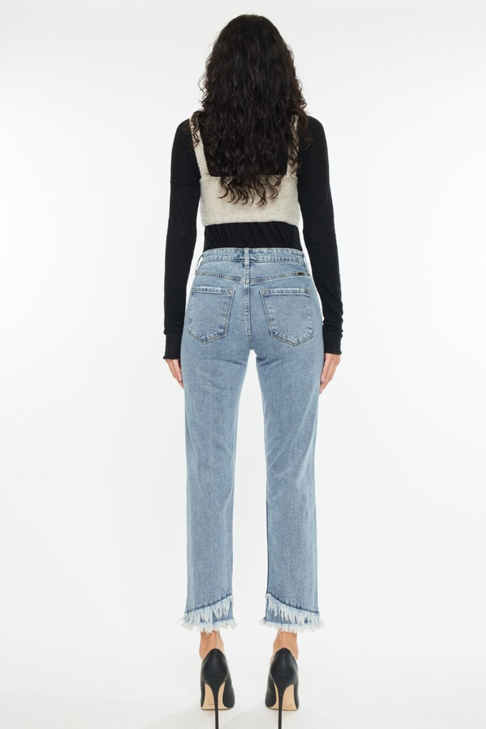KanCan High-Rise Straight Leg Frayed Fringe Double Raw Hem Jeans Denim Pants