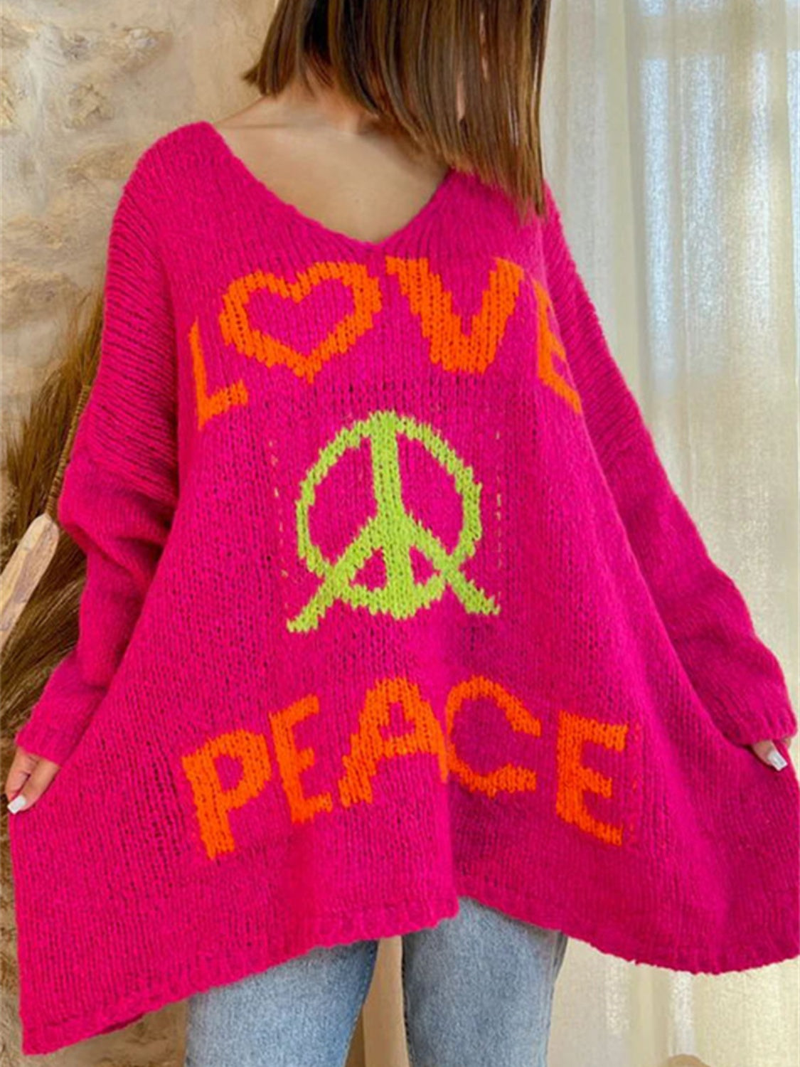 LOVE PEACE Oversized Colorful Knit Top Long-Sleeve Pullover Baggy Sweater Shirt
