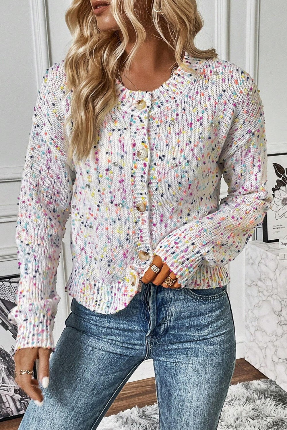 Colorful Popcorn Confetti Knit Cardigan Long Sleeve Round Neck Button-Up Sweater