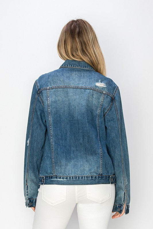 RISEN Distressed Cotton Denim Jacket Blue Jean Long Sleeve Button-up Collar Casual