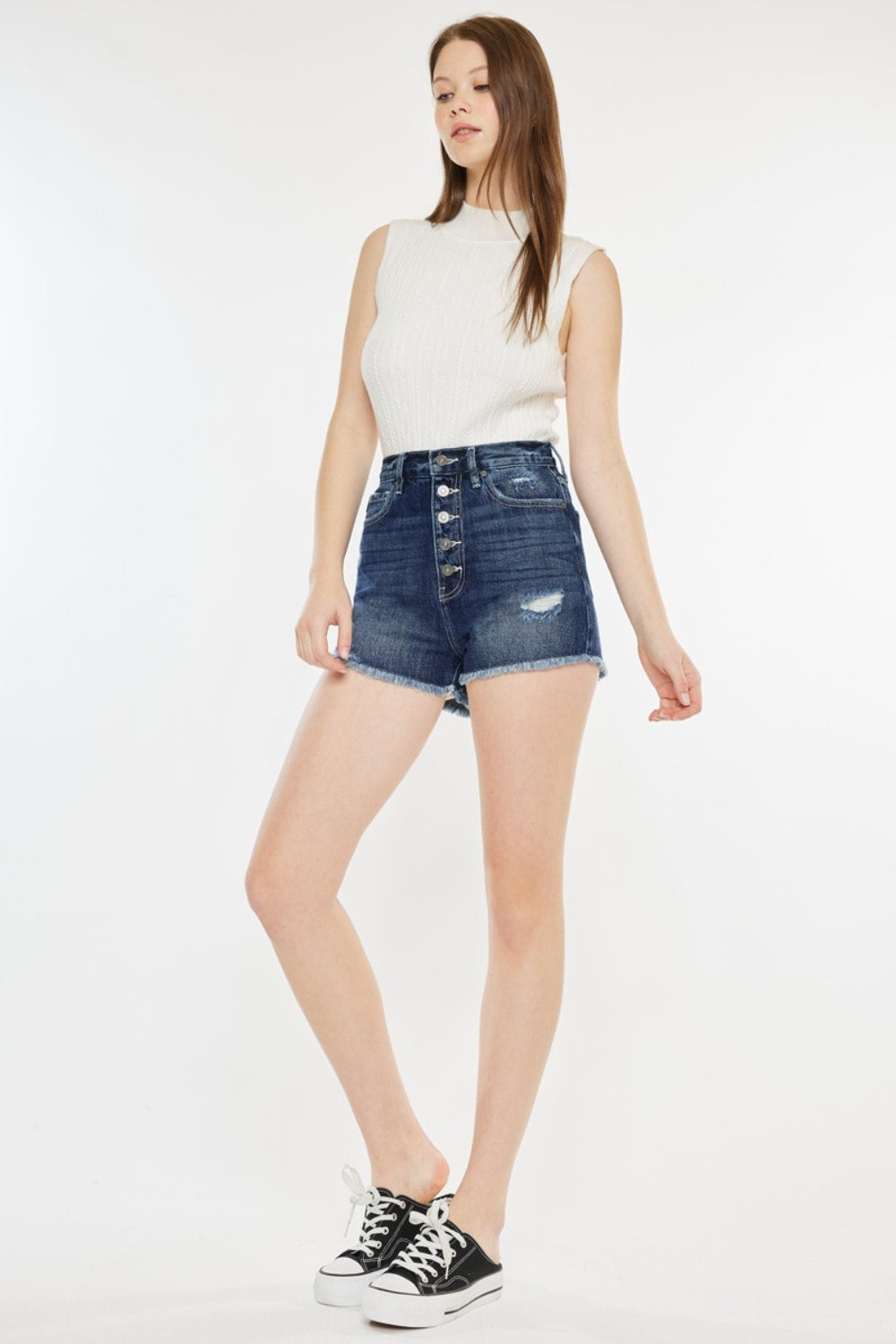 KanCan Button Fly Distressed Denim Ultra High-Rise Frayed Cut-Off Cotton Jean Shorts