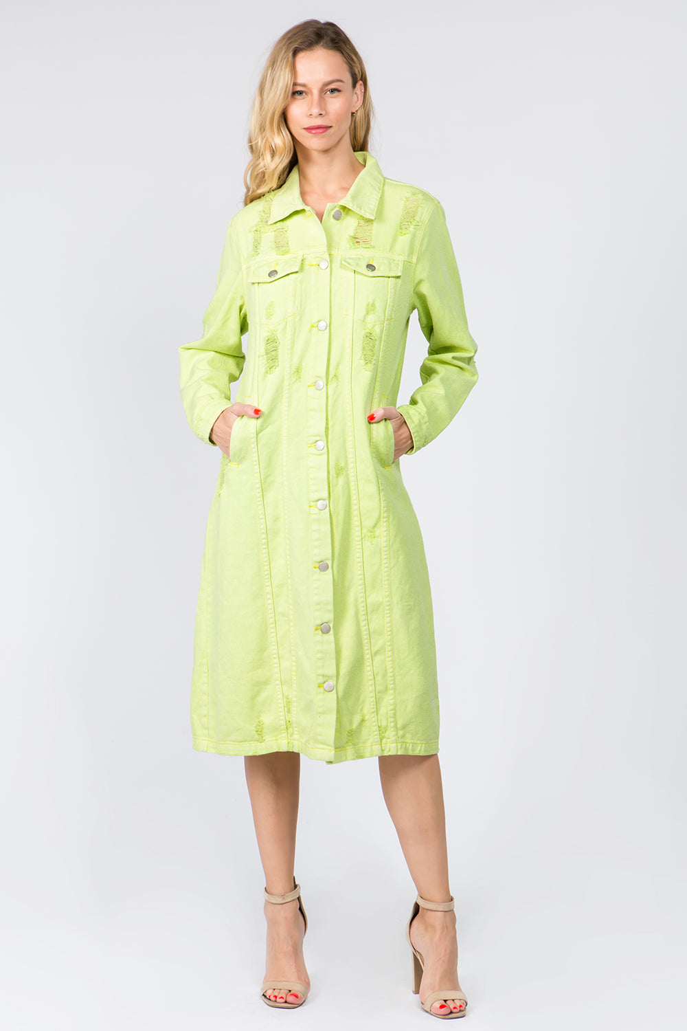 Lime Denim Pocket Jean Collar Long Sleeve Distressed Torn Midi Jacket Dress American Bazi Lime / S Lime Denim Pocket Jean Collar Long Sleeve Distressed Torn Midi Jacket Dress American Bazi Lime / S