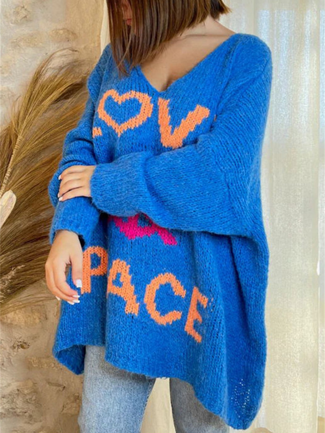 LOVE PEACE Oversized Colorful Knit Top Long-Sleeve Pullover Baggy Sweater Shirt