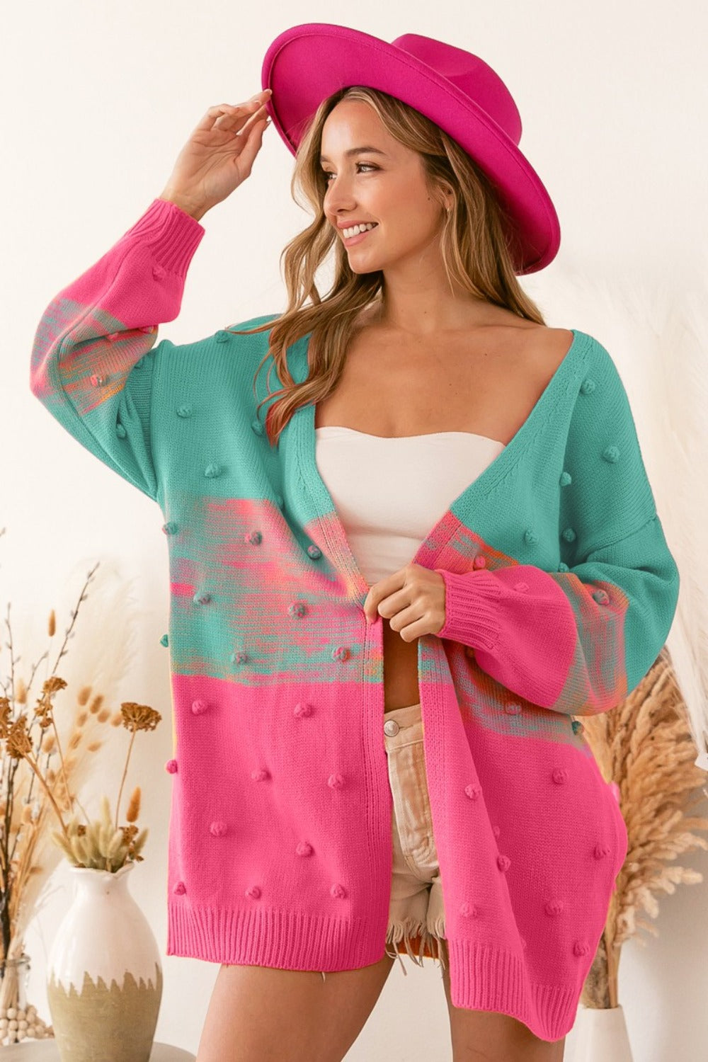 BiBi Puff 3D Pom-pom Oversized Knit Long Cardigan Colorful Colorblock Ombre