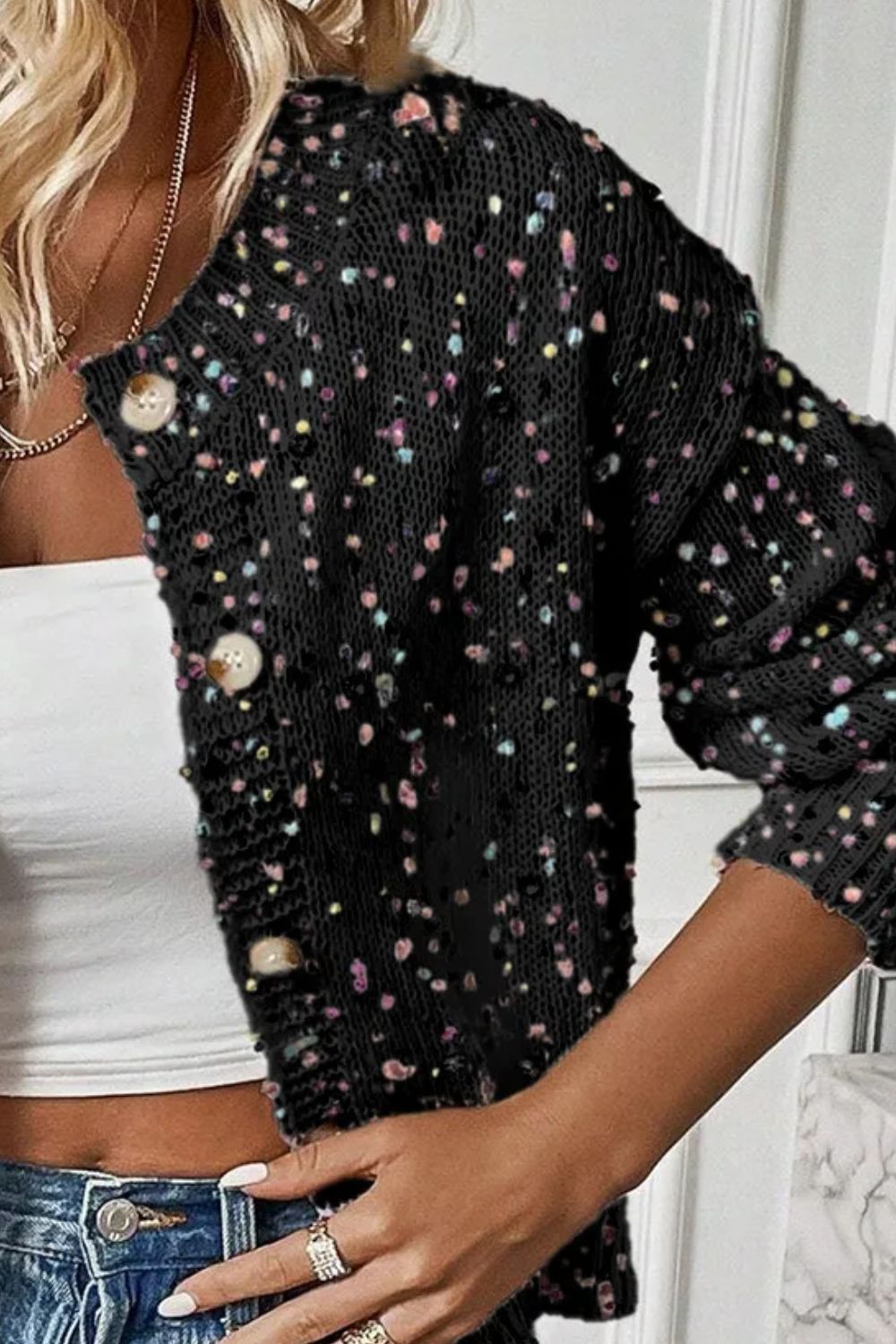 Colorful Popcorn Confetti Knit Cardigan Long Sleeve Round Neck Button-Up Sweater