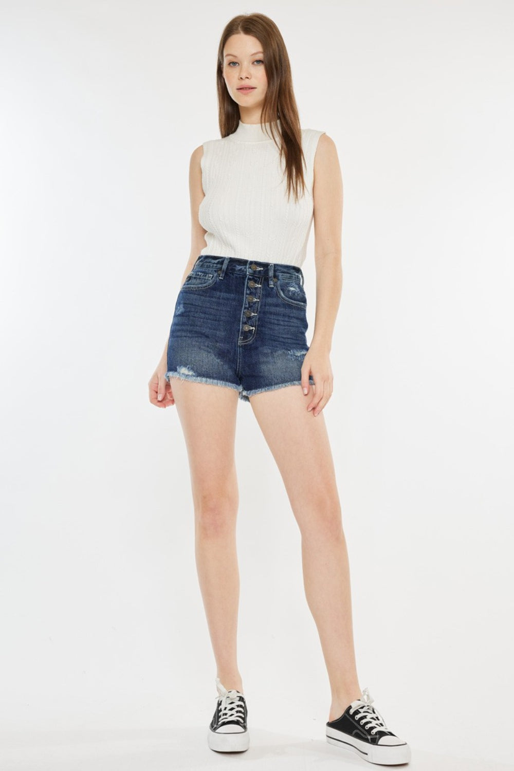 KanCan Button Fly Distressed Denim Ultra High-Rise Frayed Cut-Off Cotton Jean Shorts