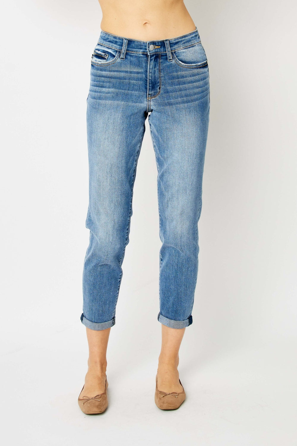 Slim Leg Mid-Rise Stretch Denim Pants Cropped Cuff Hem Mom Jeans Judy Blue