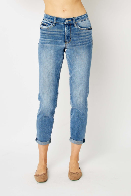Slim Leg Mid-Rise Stretch Denim Pants Cropped Cuff Hem Mom Jeans Judy Blue