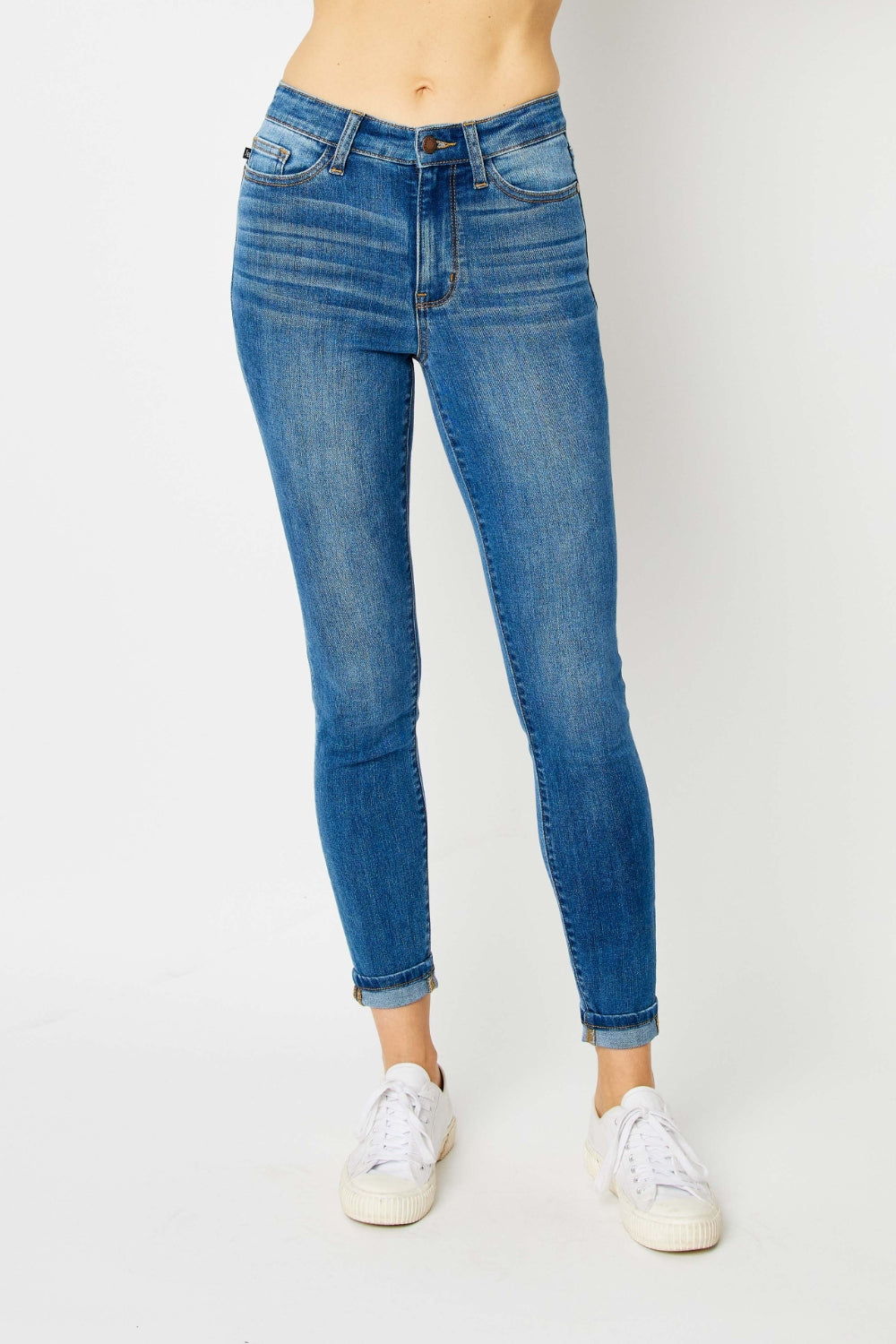 Skinny Stretch Slim Mid-Rise Denim Pants Cuffed Hem Judy Blue Jeans