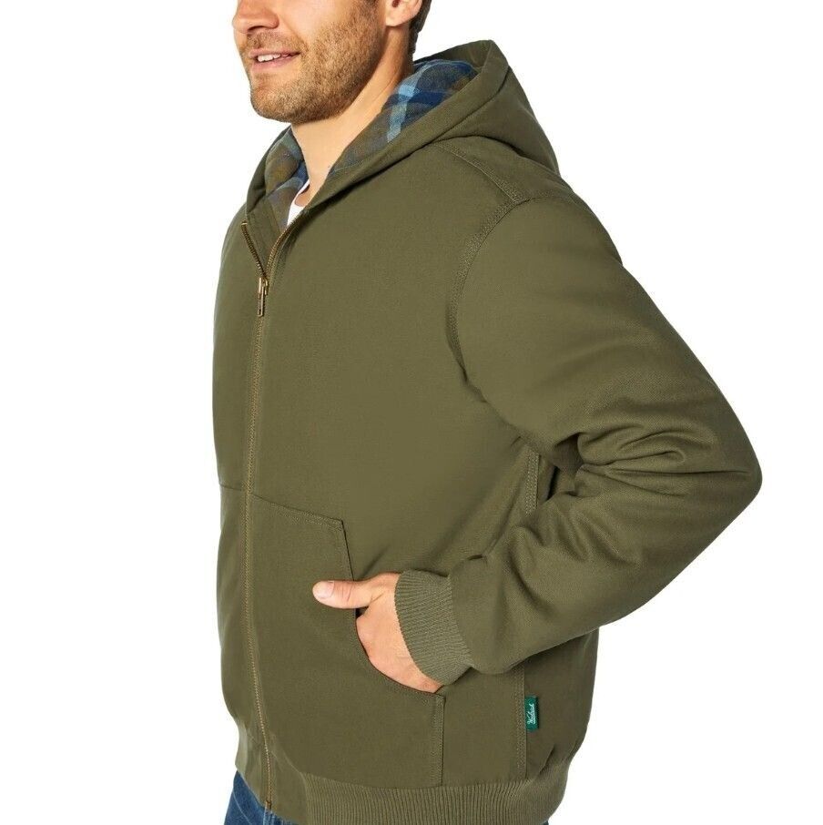 Woolrich Men's Canvas Hooded Jacket Plaid Kangaroo Pocket Zipper Hoodie Green