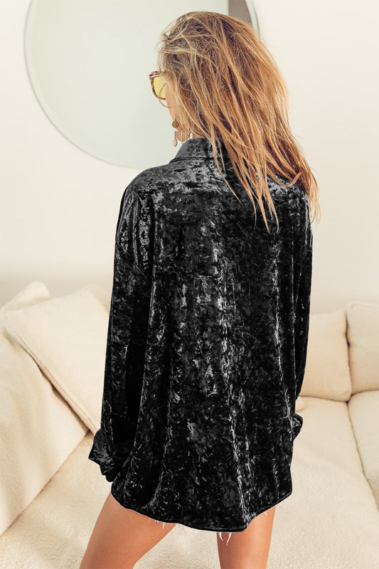 BiBi Velvet Shacket Collar Button-Up Top Long Sleeve Oversized Shirt Jacket Pockets