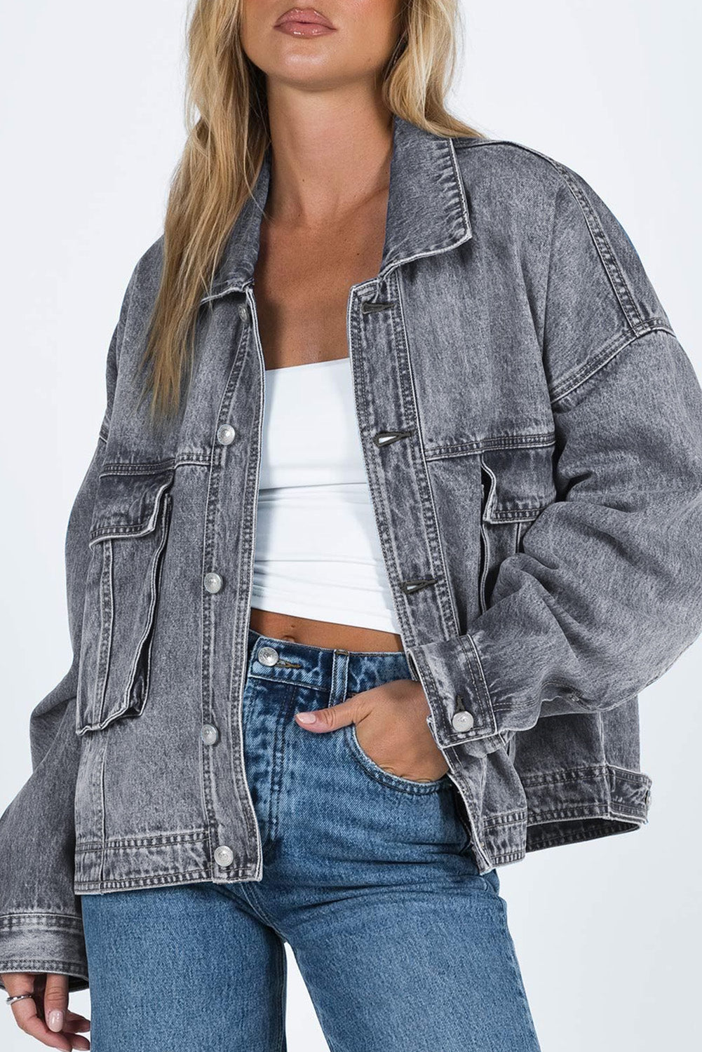 Oversized Denim Jacket Button-Up Collared Retro 90s Boyfriend Heavy Blue Jean
