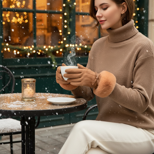 Bow Touch Screen Embroidered Faux Fur Cuff Suede Gloves Winter Accessory