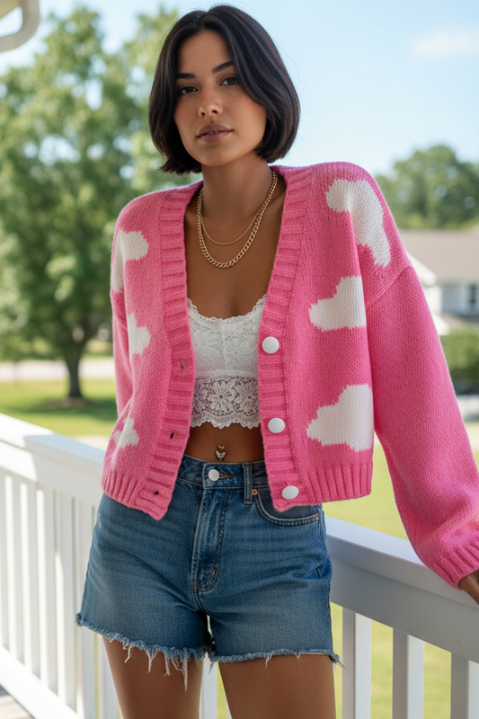 Cropped Cloud Contrasting Knit Button Up V-Neck Sweater Long Sleeve Cardigan