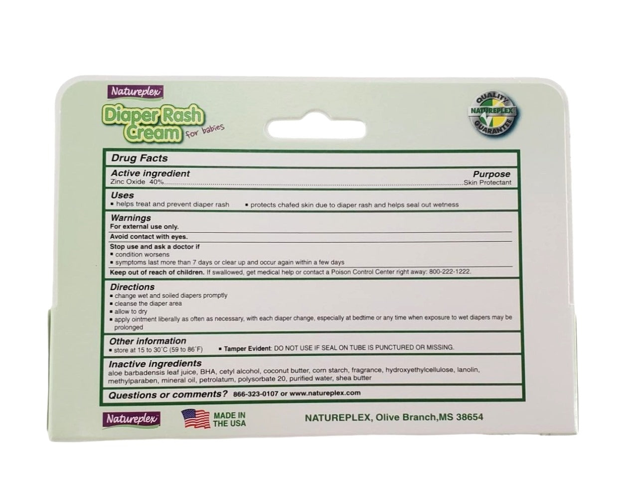 Natureplex Diaper Rash Cream for babies with Aloe 40% Zinc Oxide cream 1.5 oz tube