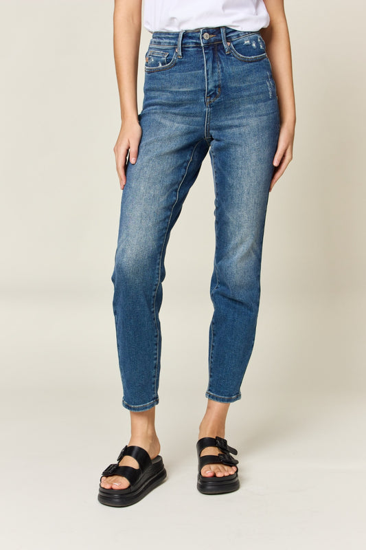 Judy Blue Tummy Control High-Rise Waist Distressed Slim Fit Stretch Dark Denim Ankle Jean Pants