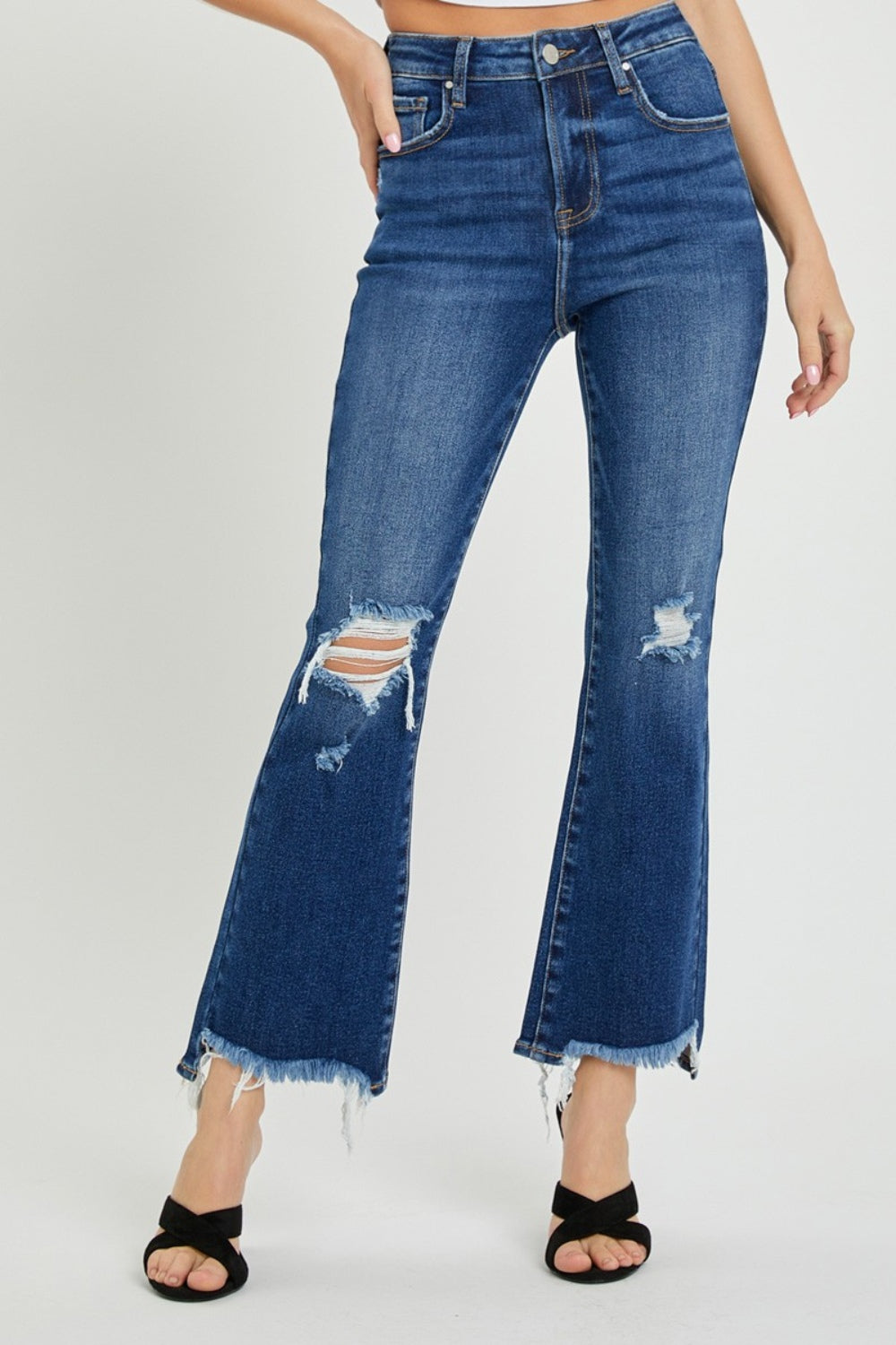 RISEN Slim High-Rise Waist Jeans Distressed Torn Cut-Off Cropped Denim Pants